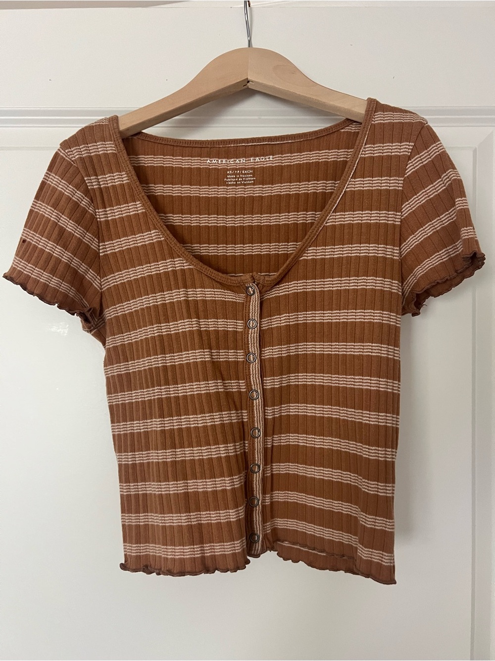 American Eagle Ribbed Button-Front Crop Top - Brown Stripe